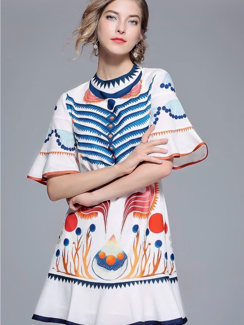 White Short Dress with Blue & Orange Artful Print
